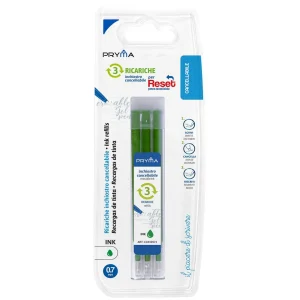 Pryma Reset Penna Cancellabile Termica, Ricaricabile, Inchiostro Gel, Tappo Clip 0.7 Mm, per Scuola e Ufficio (Verde, Ricariche)